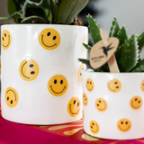 Set orchidée Albenga jaune et succulente - cache-pots Smiley - H 35 cm, pot Ø9 cm